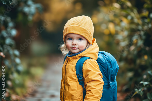 Wallpaper Mural A little boy wearing a yellow hat and a blue backpack Torontodigital.ca