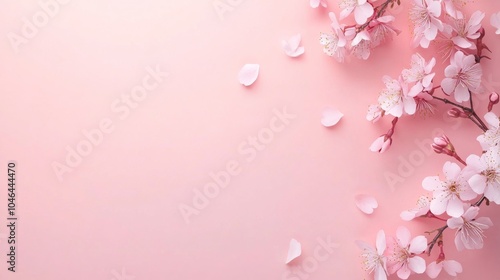 Photo of, Pink background with delicate cherry blossom branches and fluttering butterflies in vibrant hues for design, banner template