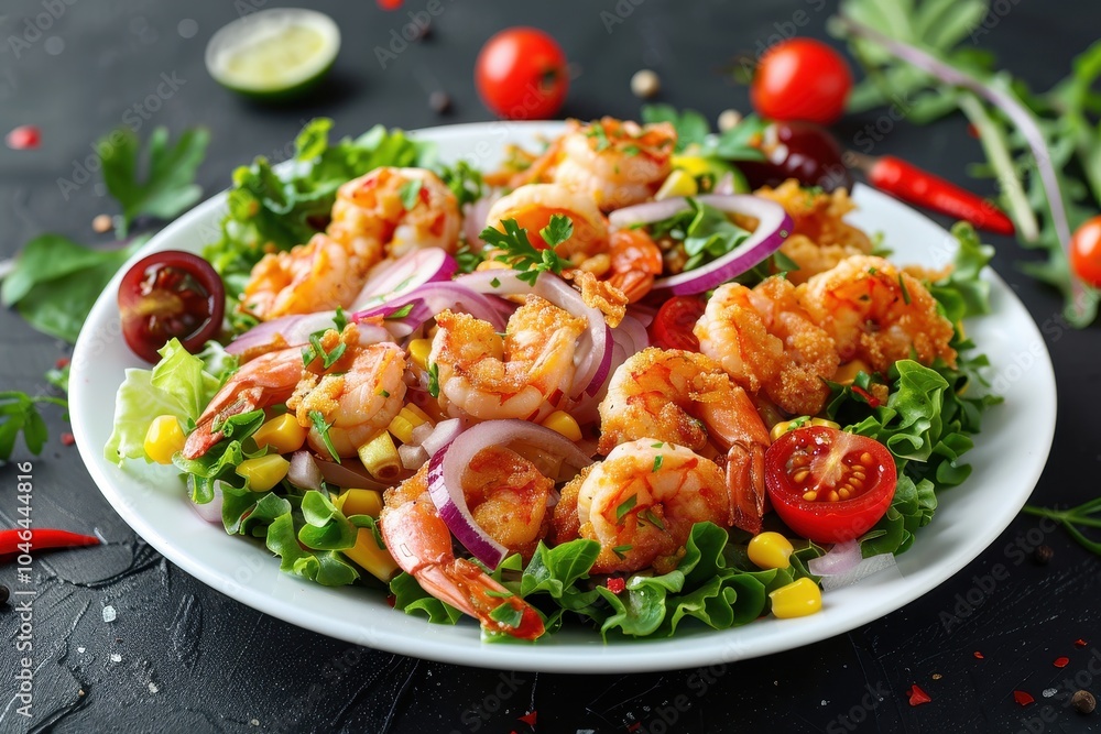 Corn and shrimp salad with cherry tomatoes red onions and lettuce on white plate Christmas party appetizer on dark background Corn and shrimp salad with cherry tomatoes red onions and lettuce on white plate Christmas party appetizer on dark background