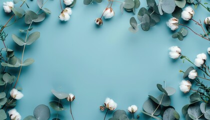 Cotton flowers and eucalyptus branches form a frame for a flat lay with copy space