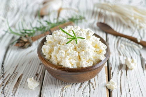 Cottage cheese on white table background photo