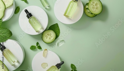 Wallpaper Mural Cosmetic advertisement mockup with winter melon extract on white podiums light green background Torontodigital.ca