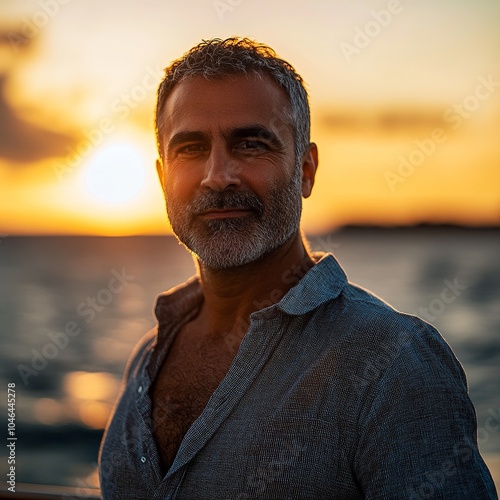 Create a portrait of a middle-aged man standing on the deck of a yacht at sunset. photo