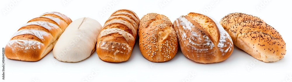 Six freshly baked loaves of bread on a white surface. Six freshly baked loaves of bread on a white surface.