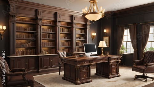 Classic Home Office Interior with Wooden Desk and Bookshelf