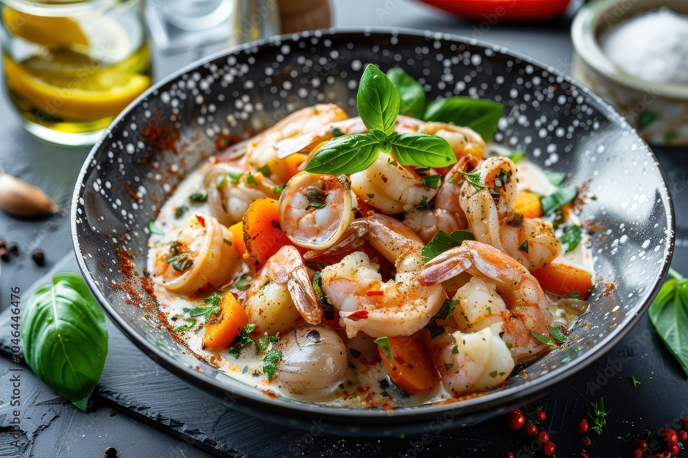 Creamy seafood stew with vegetables and garlic sauce Shrimps calamari cuttlefish Mediterranean meal Creamy seafood stew with vegetables and garlic sauce Shrimps calamari cuttlefish Mediterranean meal