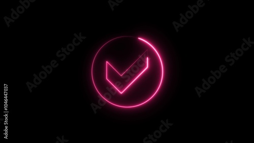 Glowing green chick mark. Neon green ok button animation .Dark background.