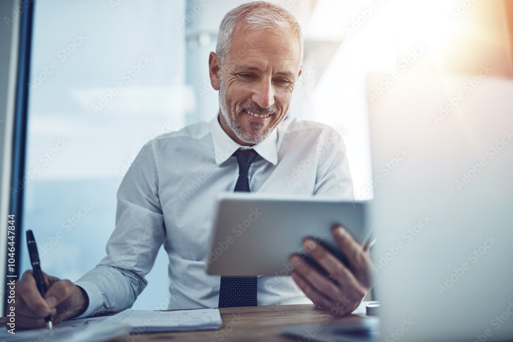 Business, man and happy on writing with tablet at office for calendar, agenda and schedule as property developer. Mature person, smile and ceo of company with journal for administration and planning Business, man and happy on writing with tablet at office for calendar, agenda and schedule as property developer. Mature person, smile and ceo of company with journal for administration and planning