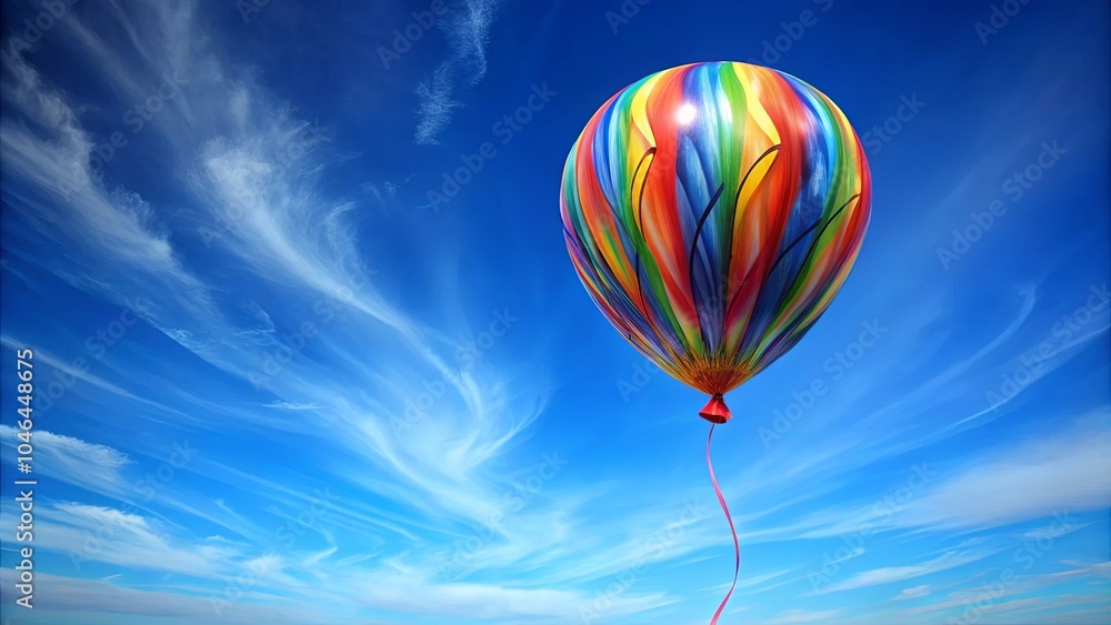 Obraz premium A vibrant balloon ascends against a backdrop of wispy clouds and a boundless blue sky.