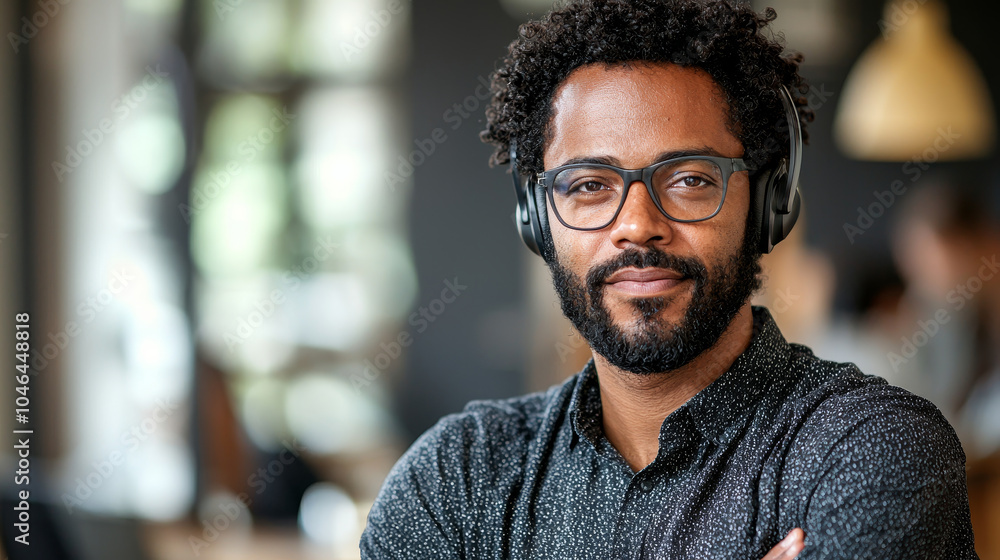Fototapeta premium Focused entrepreneur sitting at co working space, wearing headphones and glasses, exuding confidence and determination. modern environment enhances productivity and creativity