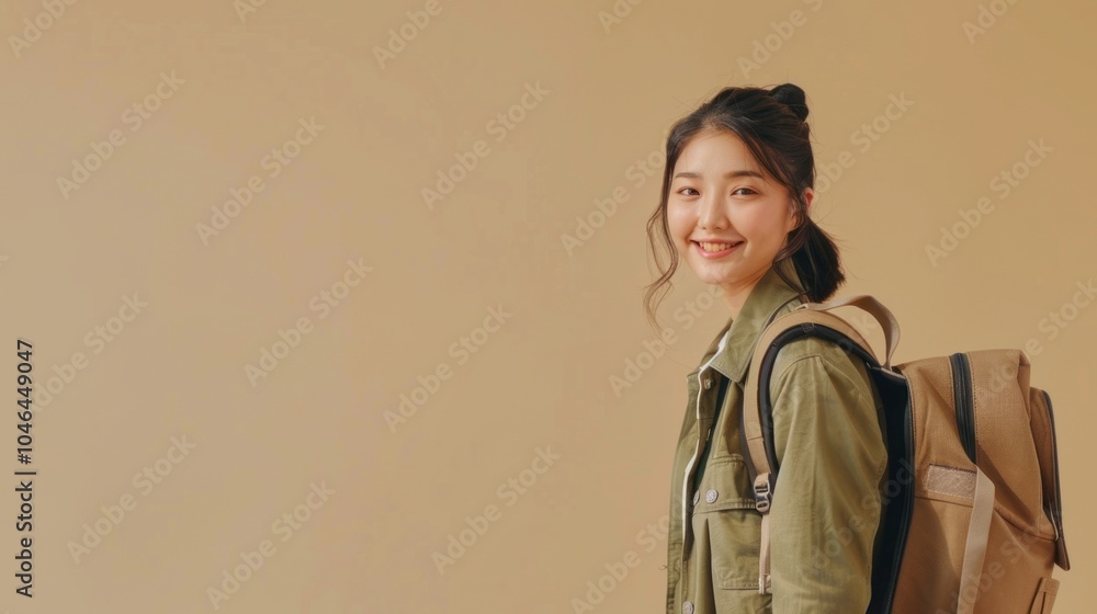 Asian girl holding a travel bag, smiling against a simple beige backdrop. Asian girl holding a travel bag, smiling against a simple beige backdrop.