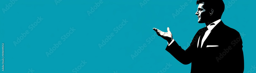 minimalist businessman standing confidently against turquoise background, gesturing with his hand. image conveys professionalism and modernity minimalist businessman standing confidently against turquoise background, gesturing with his hand. image conveys professionalism and modernity
