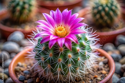 mammillaria beneckei cactus with blooming flower spike tree Panoramic photo