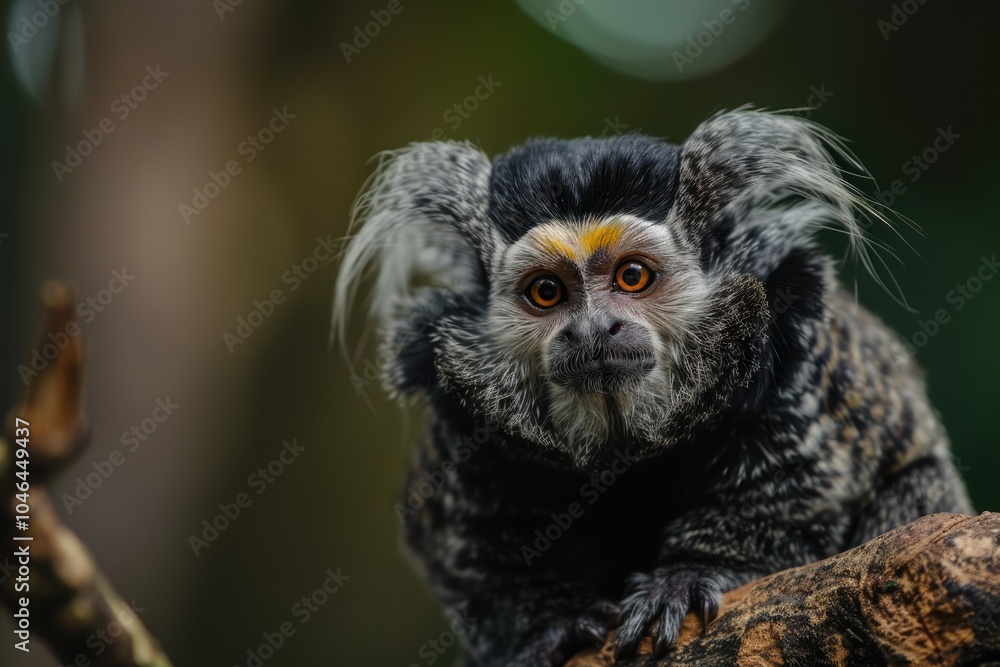 Fototapeta premium Endangered White eared Marmoset sitting on branch in Brazil