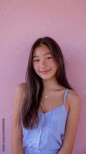 Asian girl in a blue dress, smiling against a plain pastel pink background.