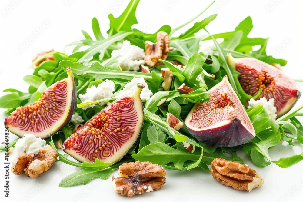 Fig salad with goat cheese walnuts and arugula on white background Healthy and delicious Fig salad with goat cheese walnuts and arugula on white background Healthy and delicious