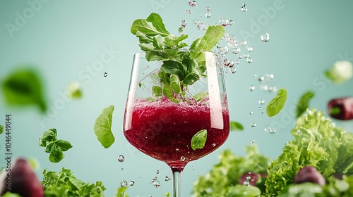 A glass of vibrant red beet kvass, bubbling slightly and garnished with fresh herbs. The deep red color is striking against a light background, with tiny bubbles rising to the top. photo