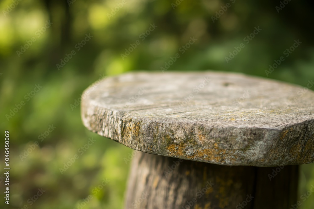 Fototapeta premium Rustic wooden stool surrounded by greenery in a serene outdoor setting during daylight hours