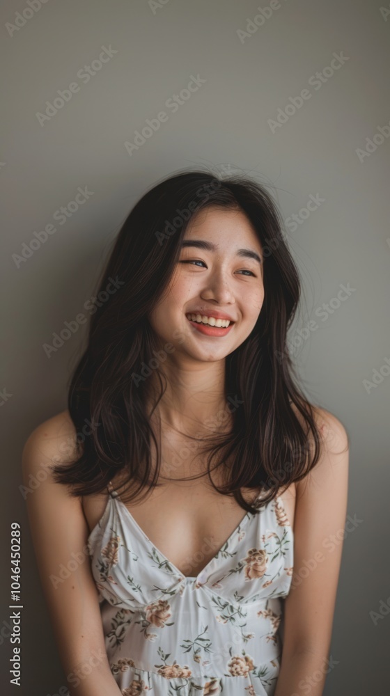 Asian girl in a casual maxi dress, smiling against a simple grey backdrop. Asian girl in a casual maxi dress, smiling against a simple grey backdrop.