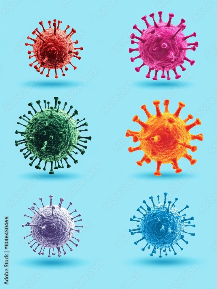 Set of six colorful virus illustrations on blue background Set of six colorful virus illustrations on blue background