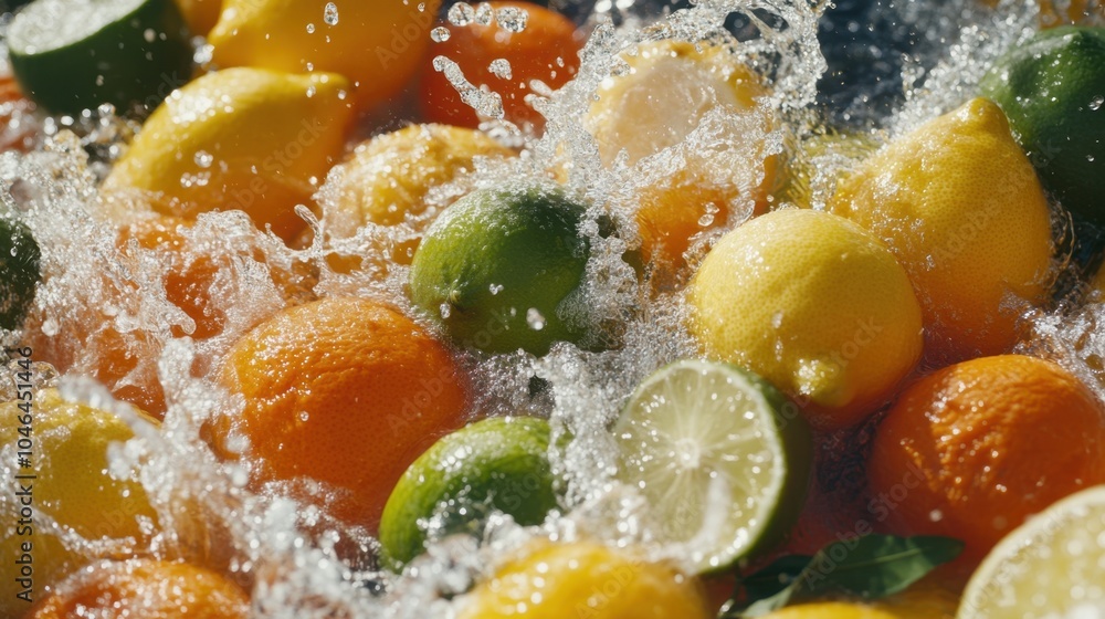A close-up shot of fresh citrus fruits, including oranges, lemons, and limes, splashing in water, showcasing their vivid colors and juicy textures. A close-up shot of fresh citrus fruits, including oranges, lemons, and limes, splashing in water, showcasing their vivid colors and juicy textures.