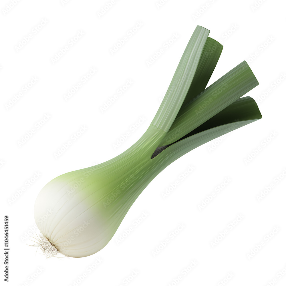 A single fresh leek with green leaves and a white bulb. A single fresh leek with green leaves and a white bulb.