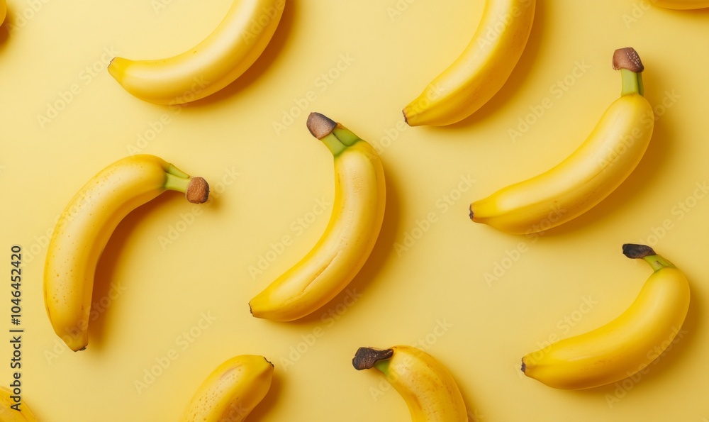 a whole view of multiple Banana on soft yellow background, view from above, editorial photography a whole view of multiple Banana on soft yellow background, view from above, editorial photography