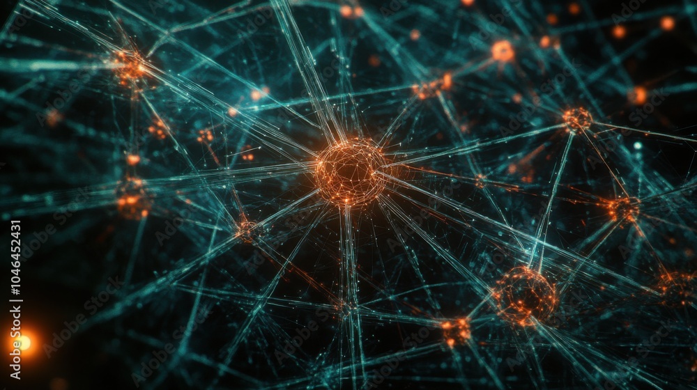 Obraz premium Glowing nodes connected by digital lines of light, forming a complex network of interconnected systems