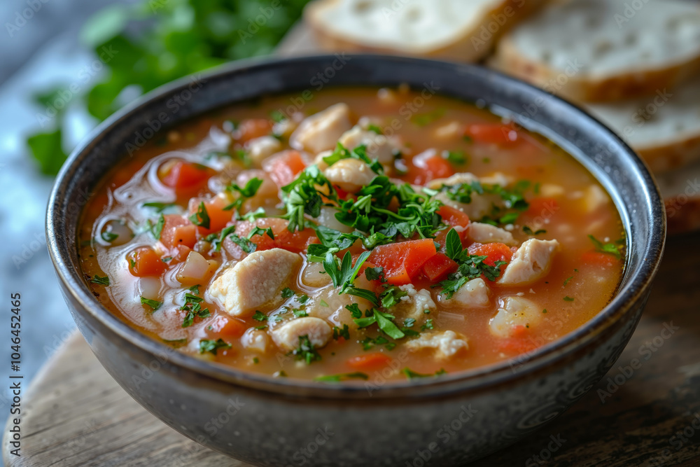 A bowl of soup with bread on a wooden board A bowl of soup with bread on a wooden board