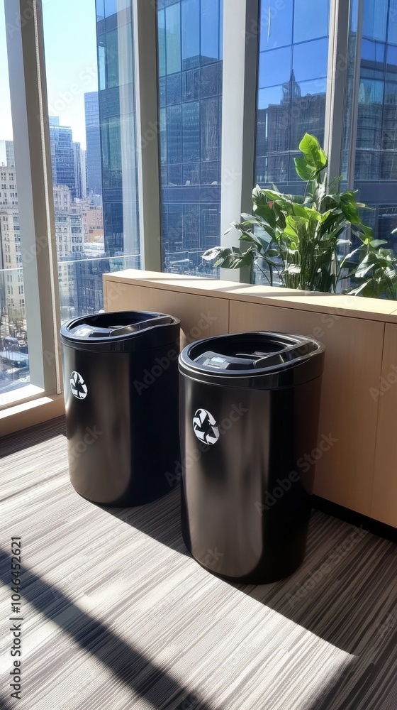 Modern Office Corner with Recycling and Trash Bins
