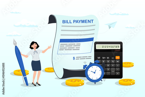 Businesswoman with pencil and bill payment document and alarm clock, bill payment, expense or financial service to pay for transaction, credit card payment or shopping cost concept