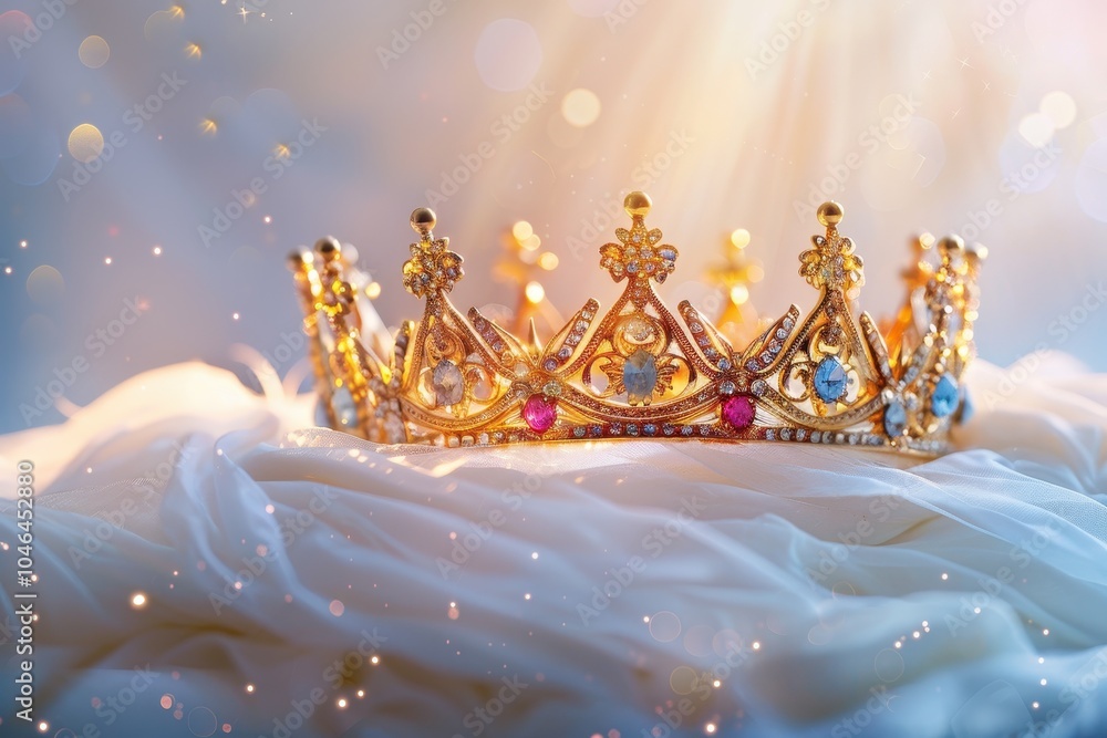 Fototapeta premium Golden crown with gems on fluffy white fabric blurred background