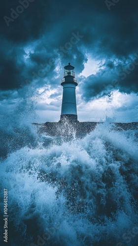 Weathered Lighthouse Amidst Turbulent Waves photo