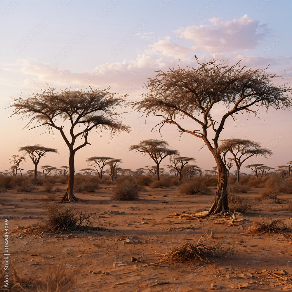View of Dry Trees in the African Desert in a Beautiful Afternoon
