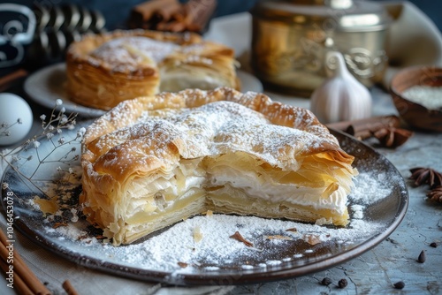 Greek pie known as Thessaloniki pie handmade phyllo filled with sweet semolina cream topped with powdered sugar and cinnamon photo