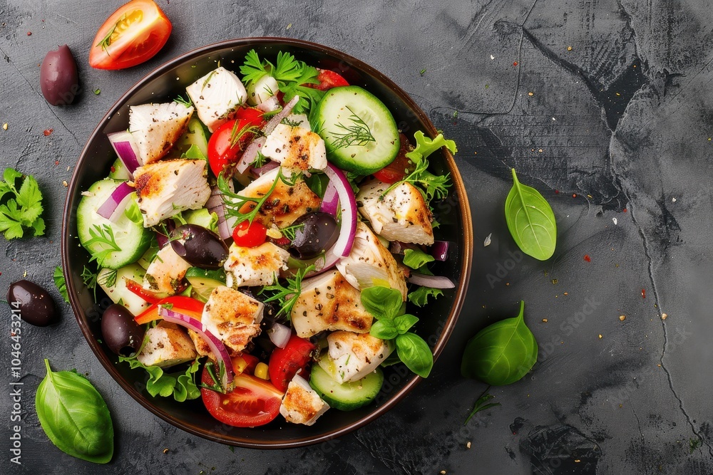Greek salad with chicken viewed from above Empty area for text Greek salad with chicken viewed from above Empty area for text