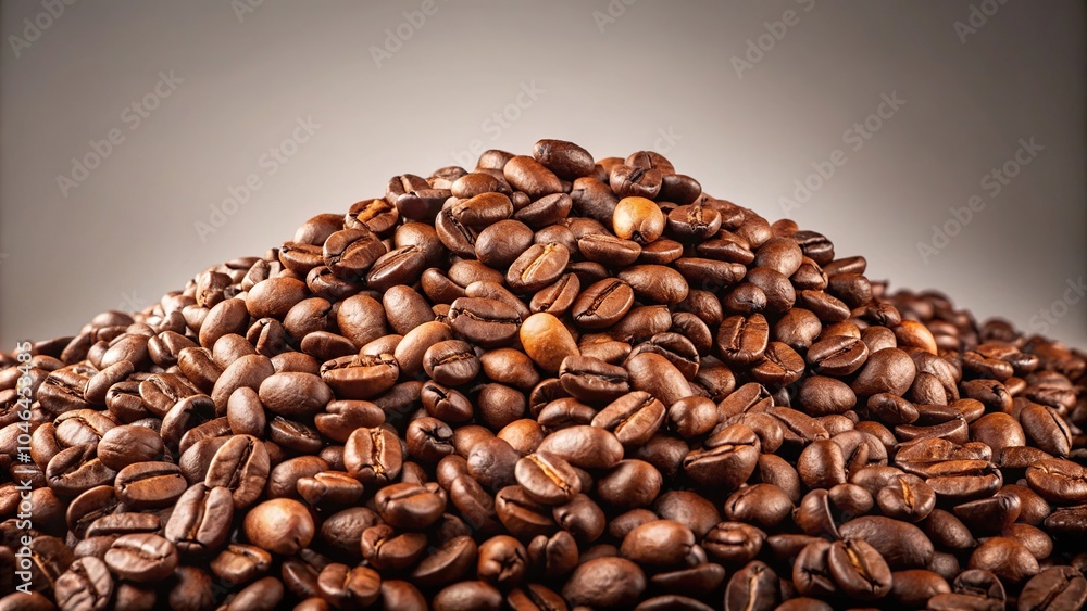 Fototapeta premium Heap of coffee beans on plain backdrop
