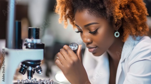 African woman working with a microscope and magnifying glass to grade the purity of diamonds