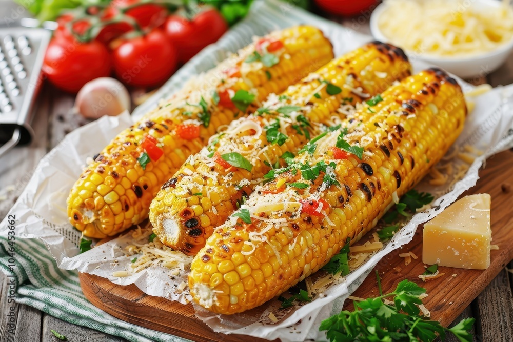 Grilled corn on the cob with parsley and parmesan tomatoes cream sauce grater and cheese on wooden planks Close up shot Grilled corn on the cob with parsley and parmesan tomatoes cream sauce grater and cheese on wooden planks Close up shot