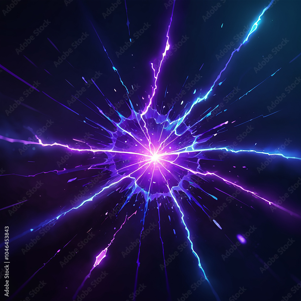 Fototapeta premium A dark background with a bright purple and blue neon lightning effect radiating outward from a central point, creating a dynamic and energetic abstract image.