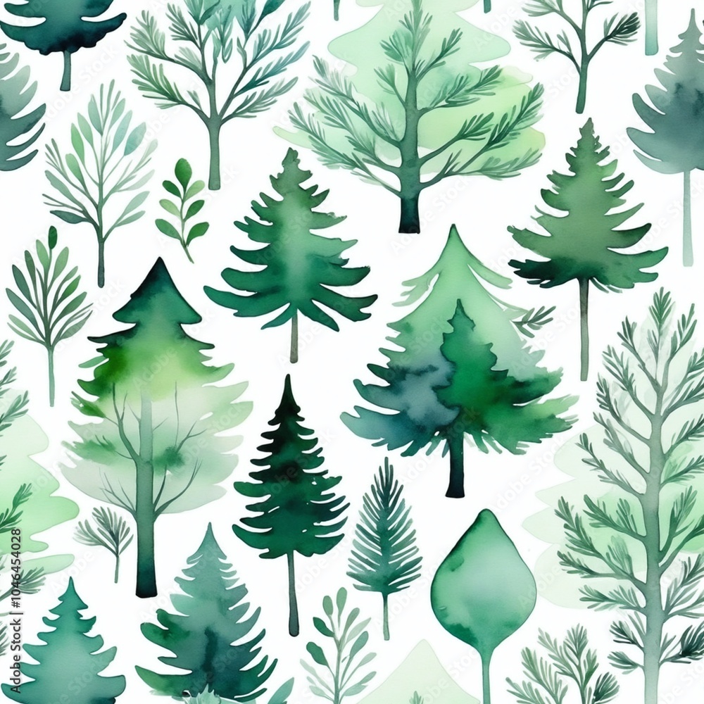 Muted Green Watercolor Evergreen Trees Pattern - Seamless tile Muted Green Watercolor Evergreen Trees Pattern - Seamless tile