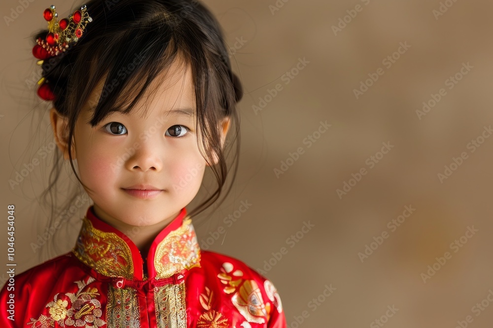 Traditional Asian Child in Red Embroidered Dress with Hair Accessories Traditional Asian Child in Red Embroidered Dress with Hair Accessories