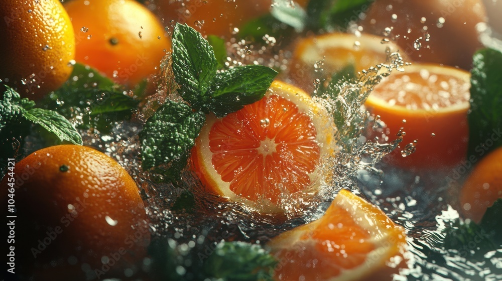 A dynamic composition showcasing colorful citrus fruits splashing into water, surrounded by mint leaves, highlighting freshness and vitality. A dynamic composition showcasing colorful citrus fruits splashing into water, surrounded by mint leaves, highlighting freshness and vitality.