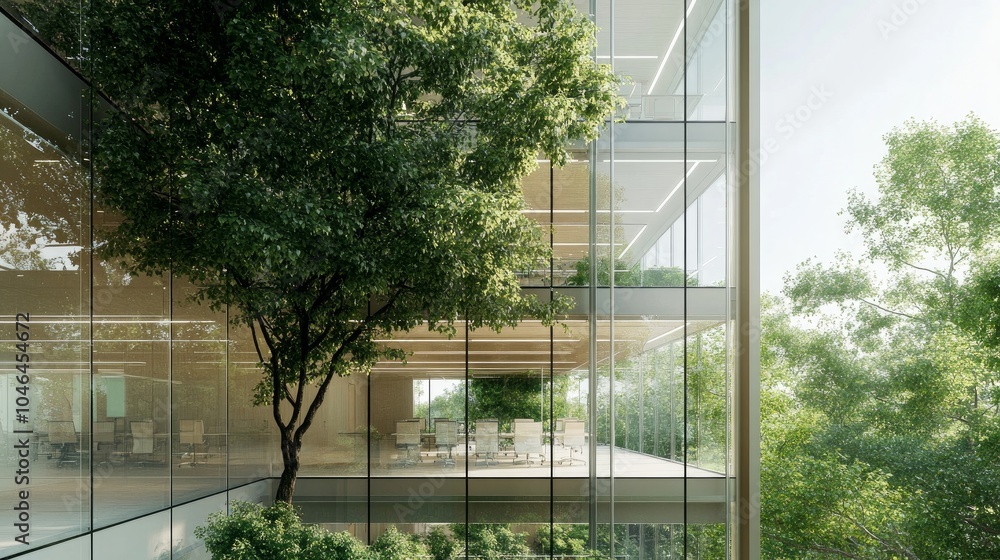 green, sustainable construction. environmentally friendly structure. An environmentally friendly glass office building with a tree to cut carbon dioxide emissions. A green office setting. green, sustainable construction. environmentally friendly structure. An environmentally friendly glass office building with a tree to cut carbon dioxide emissions. A green office setting.