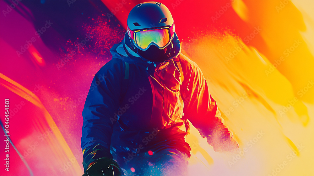 A snowboarder skillfully carves through vibrant powder at a snowy mountain during sunset A snowboarder skillfully carves through vibrant powder at a snowy mountain during sunset