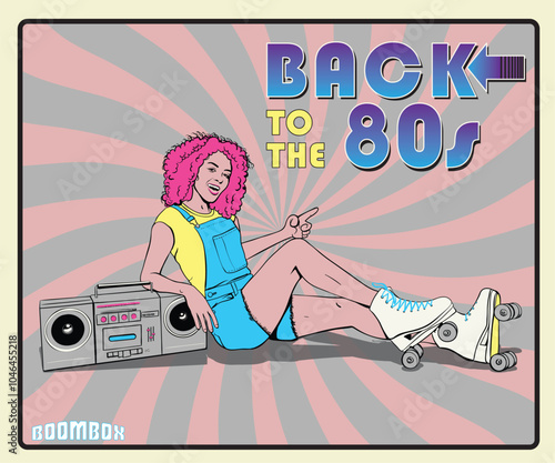 Vintage 80s girl in skating shoes with tape recorder vector art, 90s, 80s, punk skater girl vector illustration, girl with boom box