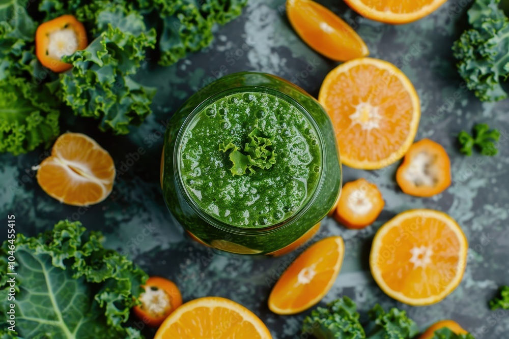 Healthy breakfast concept with fresh organic kale and tangerine smoothie Fiber for stomach health Healthy breakfast concept with fresh organic kale and tangerine smoothie Fiber for stomach health