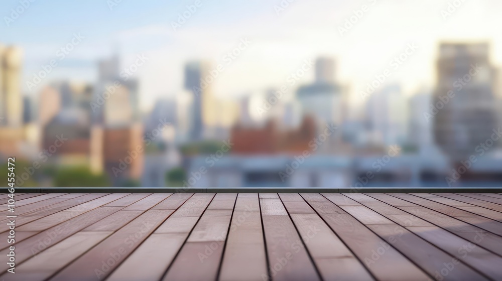 A selective focus on an empty rooftop terrace, with blurred distant buildings in the background A selective focus on an empty rooftop terrace, with blurred distant buildings in the background