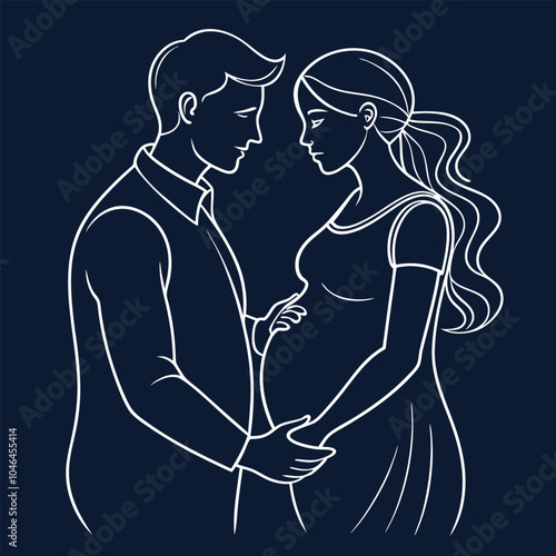 continuous single drawn one line of enamored conjugal pregnant couple romantic love drawn by hand picture silhouette. Line art. character of a pregnant woman with her husband's love