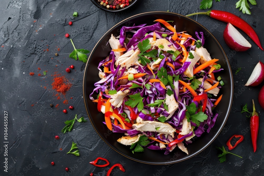 Healthy coleslaw with poached chicken red cabbage salad with vegetables on dark background top view Healthy coleslaw with poached chicken red cabbage salad with vegetables on dark background top view